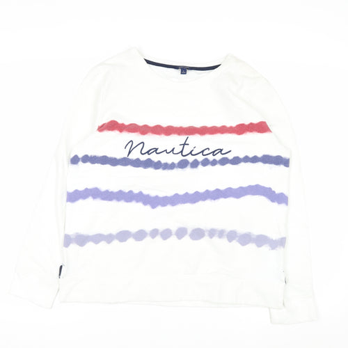 Nautica Women's White Striped Pullover Sweatshirt Size L Cotton Blend