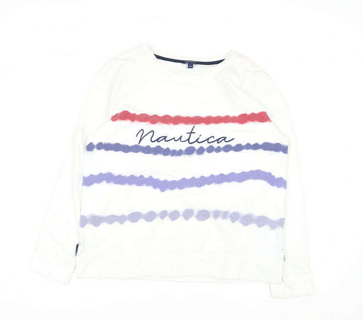 Nautica Women's White Striped Pullover Sweatshirt Size L Cotton Blend