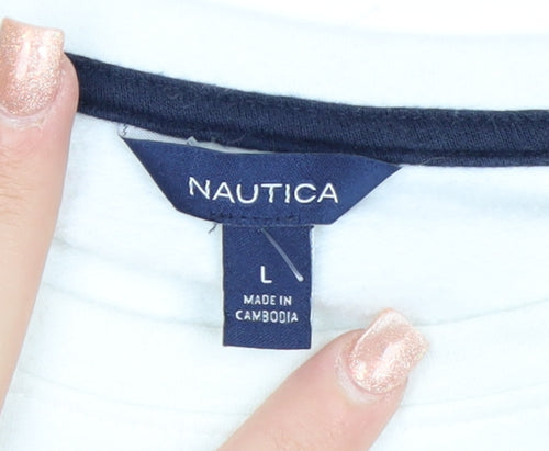 Nautica Women's White Striped Pullover Sweatshirt Size L Cotton Blend