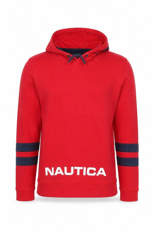 Front view of Nautica Men's Red Pullover Hoodie Medium Cotton Graphic Print