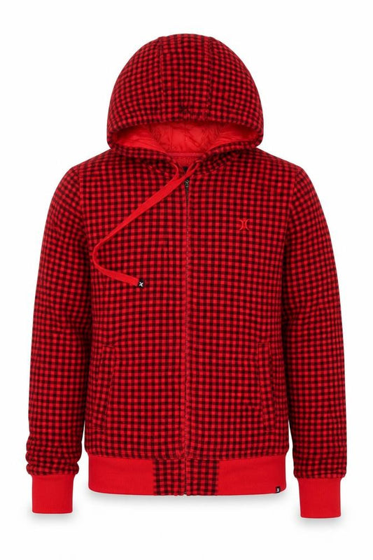 Front view of Hurley Men's Red Check Full Zip Hoodie XS Fleece Lined