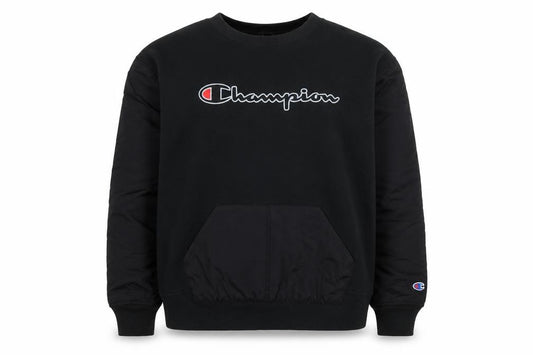 Front view of Champion Men's Black L Pullover Crew Neck Sweatshirt with Logo