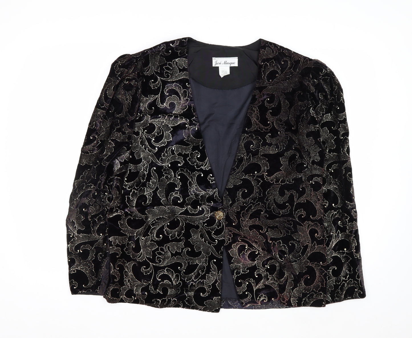 Jeri Marque Womens Black Velvet Metallic Floral Formal Blazer Size 12
