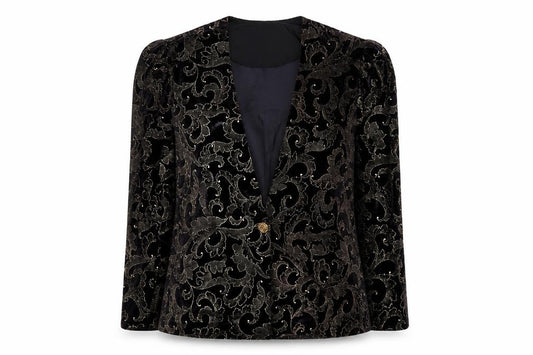 Front view of Jeri Marque women’s black velvet metallic floral formal blazer, size UK 12