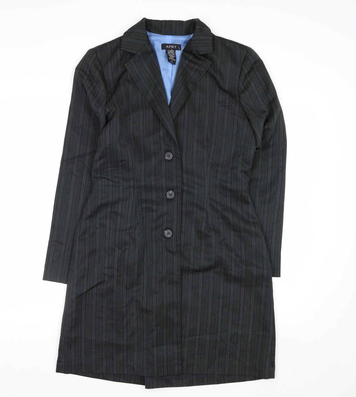 A.P.N.Y. Women Black Pinstripe 3 Button Long Suit Jacket Size 10