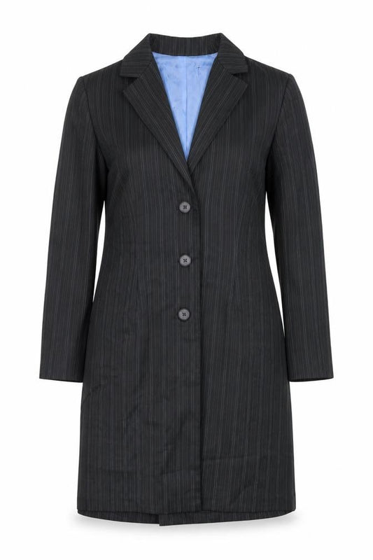 Front view of A.P.N.Y. Women Black Pinstripe 3 Button Long Suit Jacket, size 10