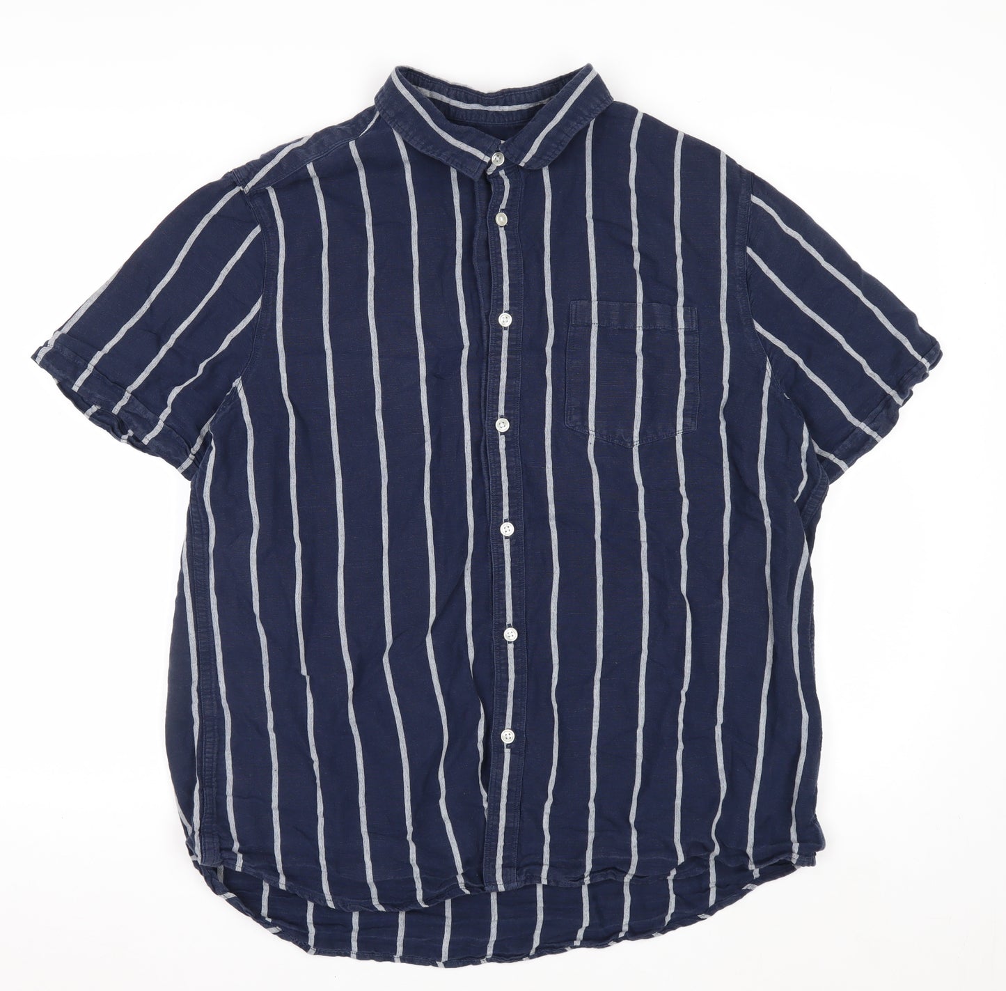 Burton Menswear Blue Striped Linen Blend Short Sleeve Shirt XL