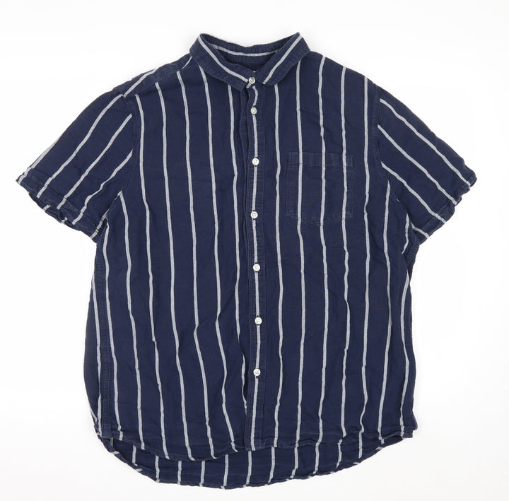 Burton Menswear Blue Striped Linen Blend Short Sleeve Shirt XL