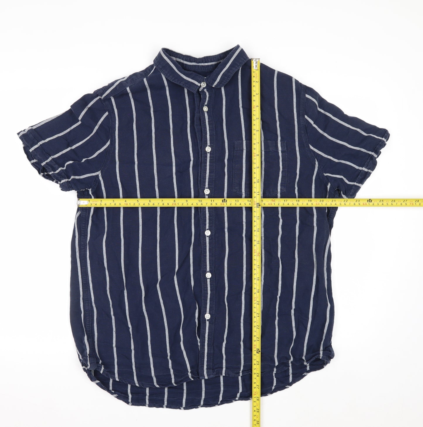 Burton Menswear Blue Striped Linen Blend Short Sleeve Shirt XL