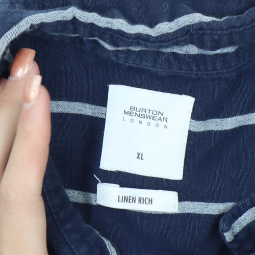 Burton Menswear Blue Striped Linen Blend Short Sleeve Shirt XL