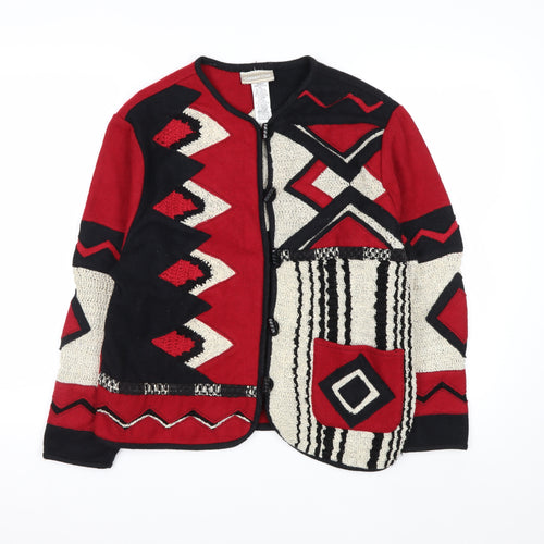 Coldwater Creek Women Red Black Geometric Wool Knit Cardigan M