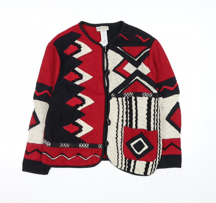 Coldwater Creek Women Red Black Geometric Wool Knit Cardigan M
