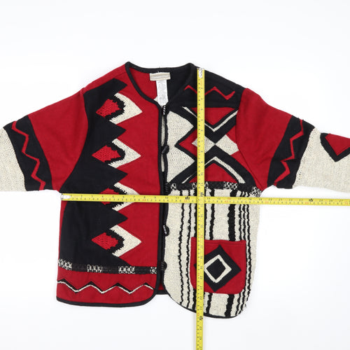 Coldwater Creek Women Red Black Geometric Wool Knit Cardigan M