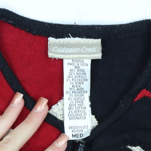 Coldwater Creek Women Red Black Geometric Wool Knit Cardigan M