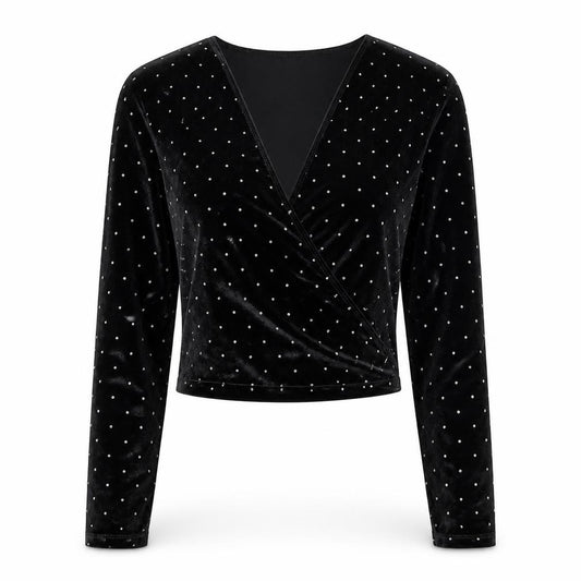 Front view of Streetwear Society Women's Black Velvet Studded Wrap Blouse, size S