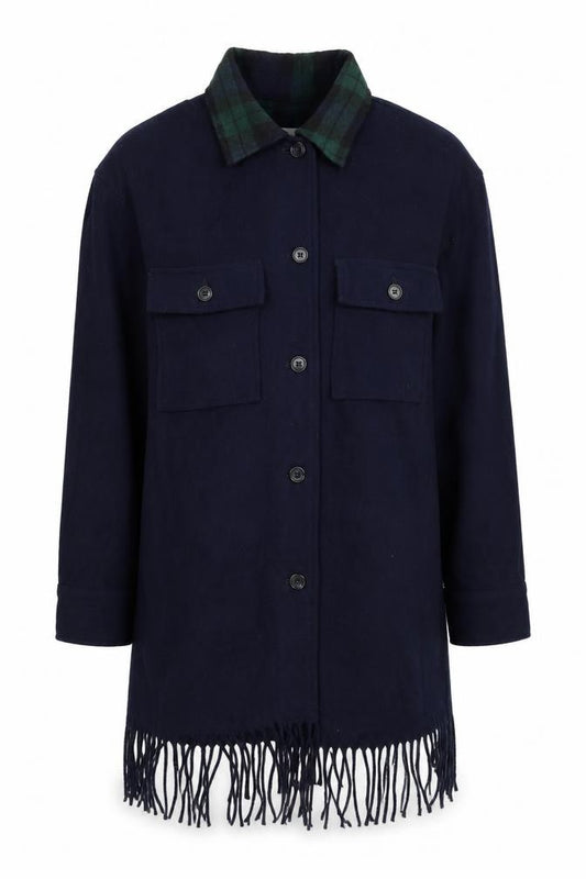 Front view of Jordan & Cole Women's Blue Wool Long Fringe Overcoat M