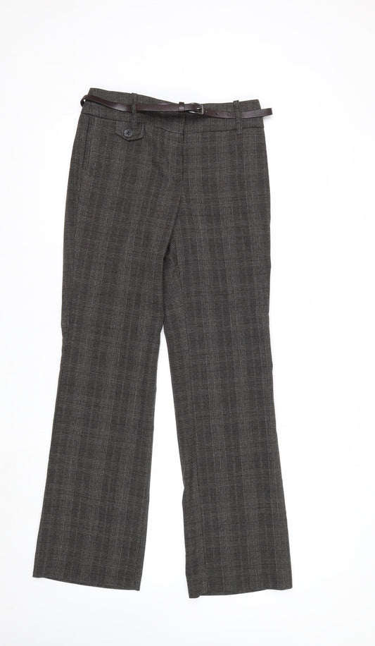 Next Women Grey Check Chino Trousers Size 6R Belted Polyester Blend