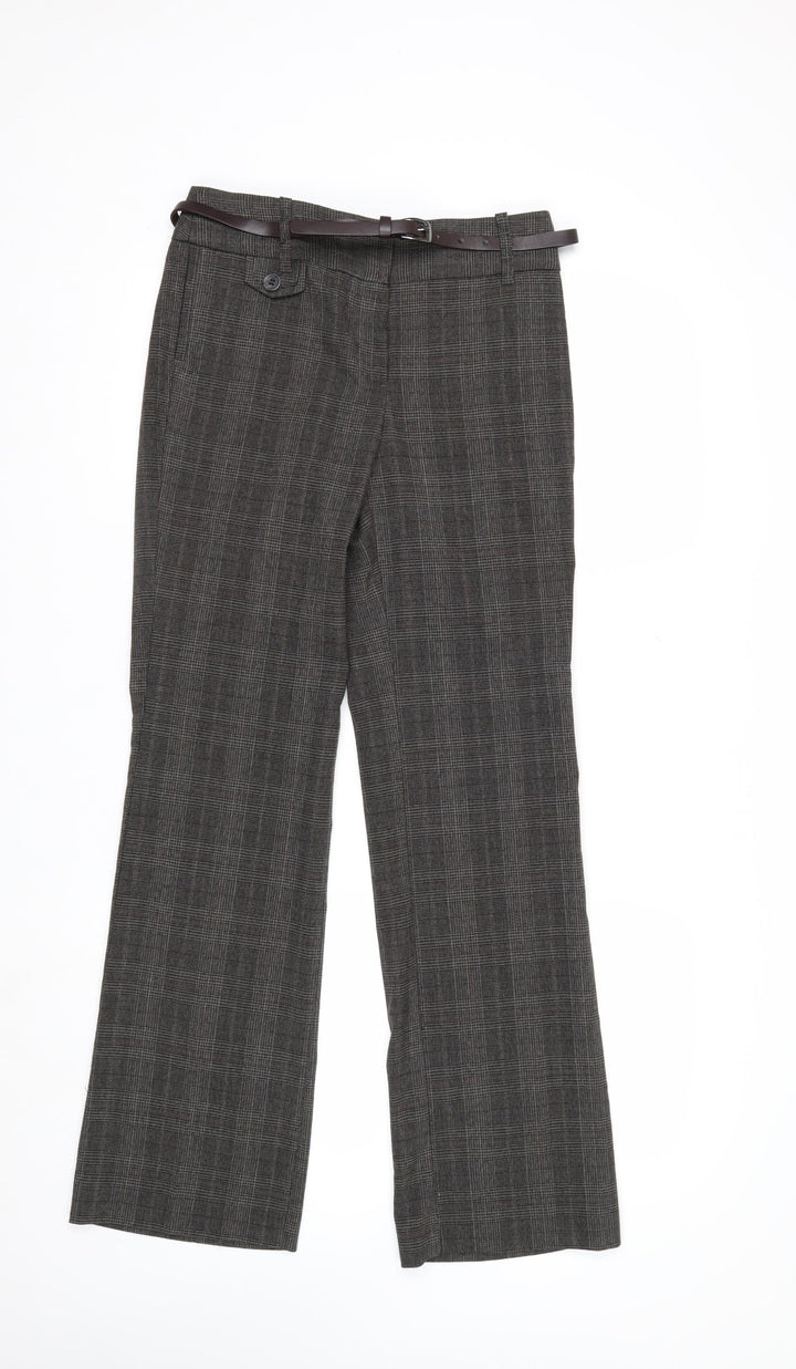 Next Women Grey Check Chino Trousers Size 6R Belted Polyester Blend