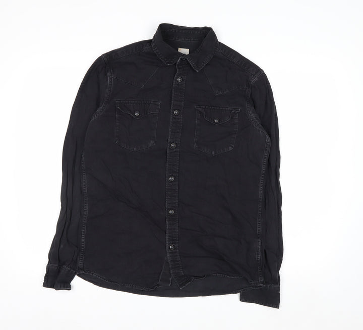 H&M Womens Black Cotton Button-Up Long Sleeve Shirt Size S