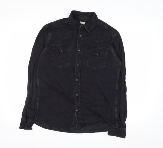 H&M Womens Black Cotton Button-Up Long Sleeve Shirt Size S