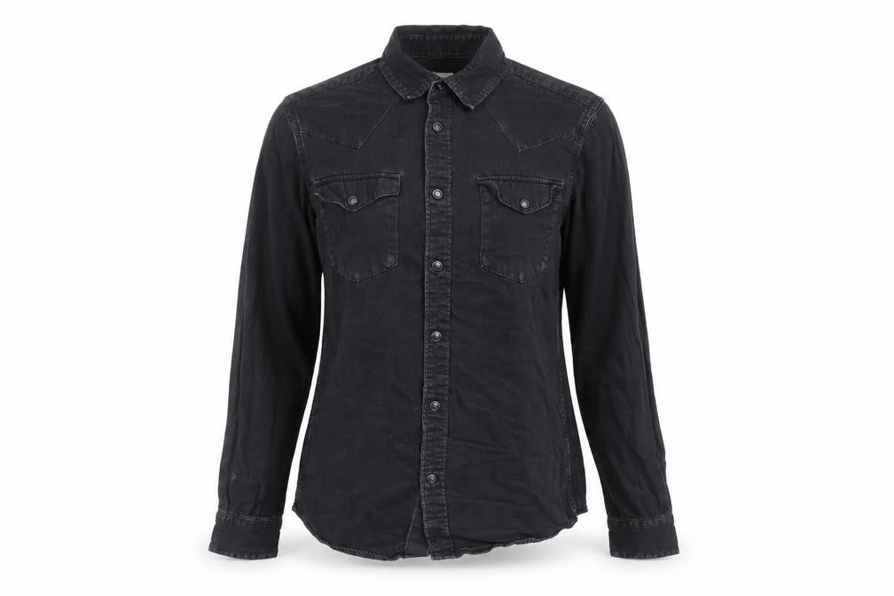 Front view of H&M women’s black cotton button-up long sleeve shirt, size S