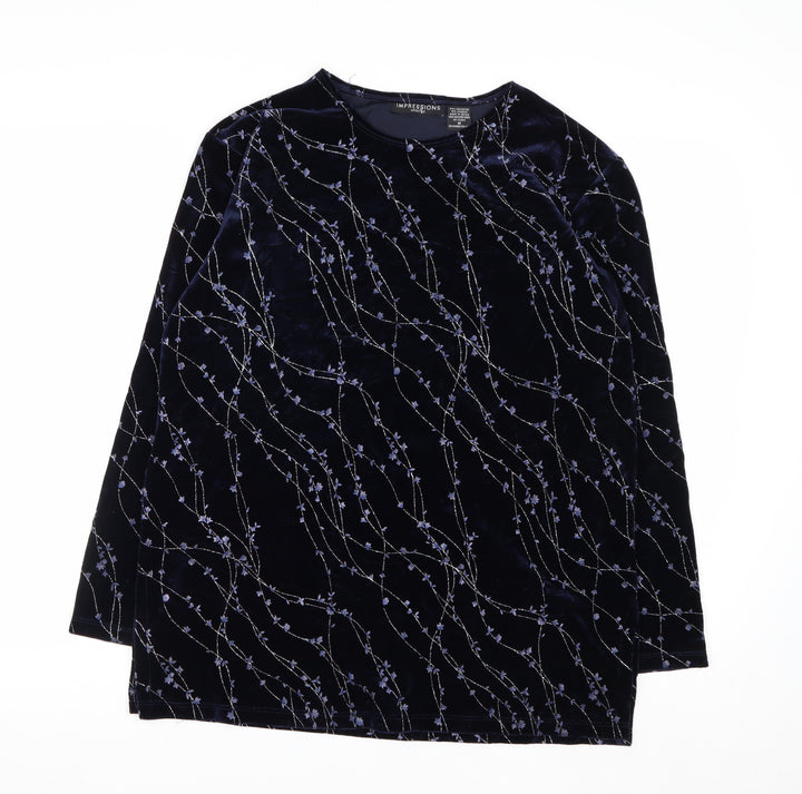 Impressions Lifestyle Women's Blue Velvet Floral Long Sleeve Blouse M