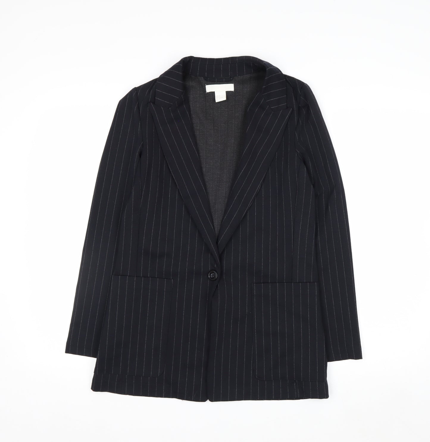 H&M Women Black Pinstripe Single-Breasted Blazer UK 6