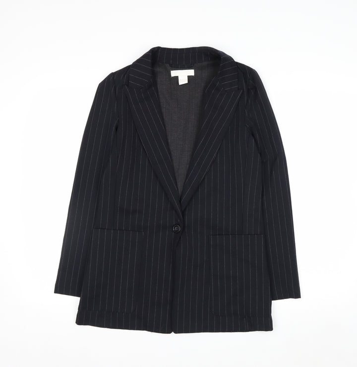 H&M Women Black Pinstripe Single-Breasted Blazer UK 6