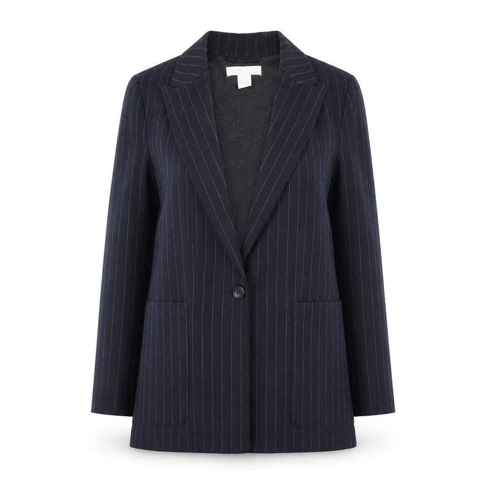 Front view of H&M Women Black Pinstripe Single-Breasted Blazer UK 6