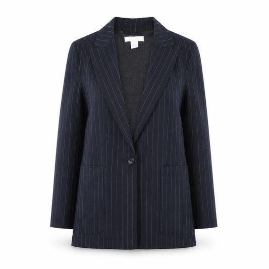 Front view of H&M Women Black Pinstripe Single-Breasted Blazer UK 6