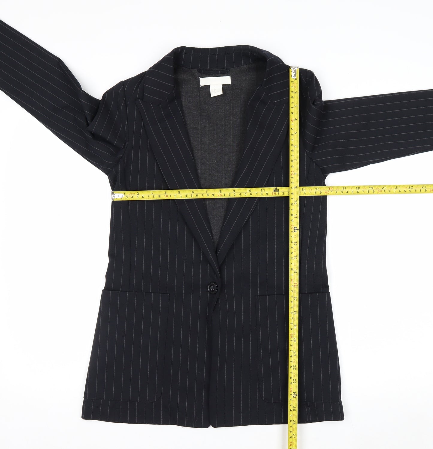 H&M Women Black Pinstripe Single-Breasted Blazer UK 6