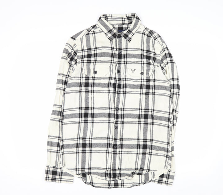 American Eagle Outfitters Men's White Check Flannel Button-Up Shirt Size S Athletic Fit