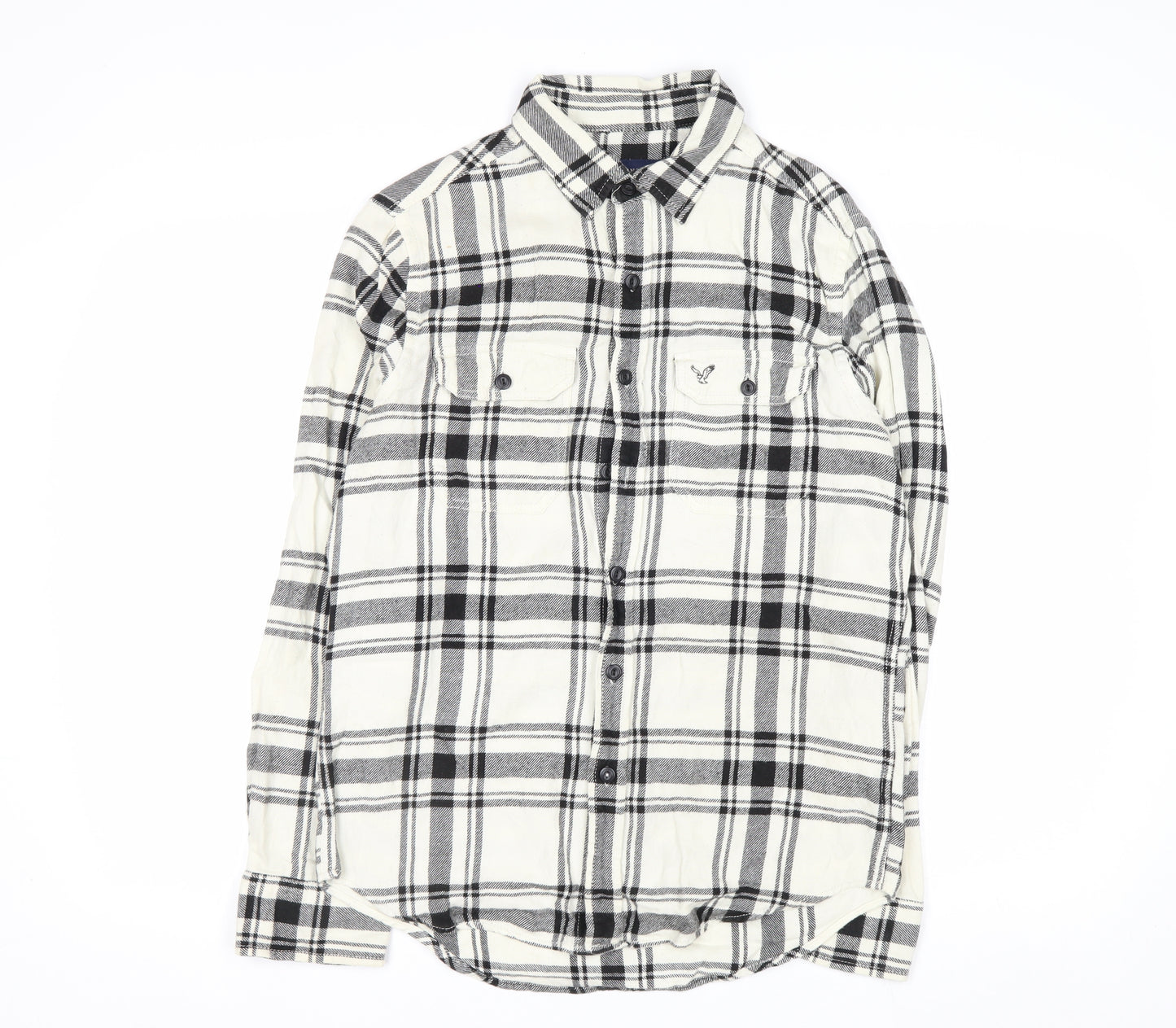 American Eagle Outfitters Men's White Check Flannel Button-Up Shirt Size S Athletic Fit