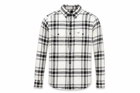 Front view of American Eagle Outfitters Men's White Check Flannel Button-Up Shirt, size S, Athletic Fit