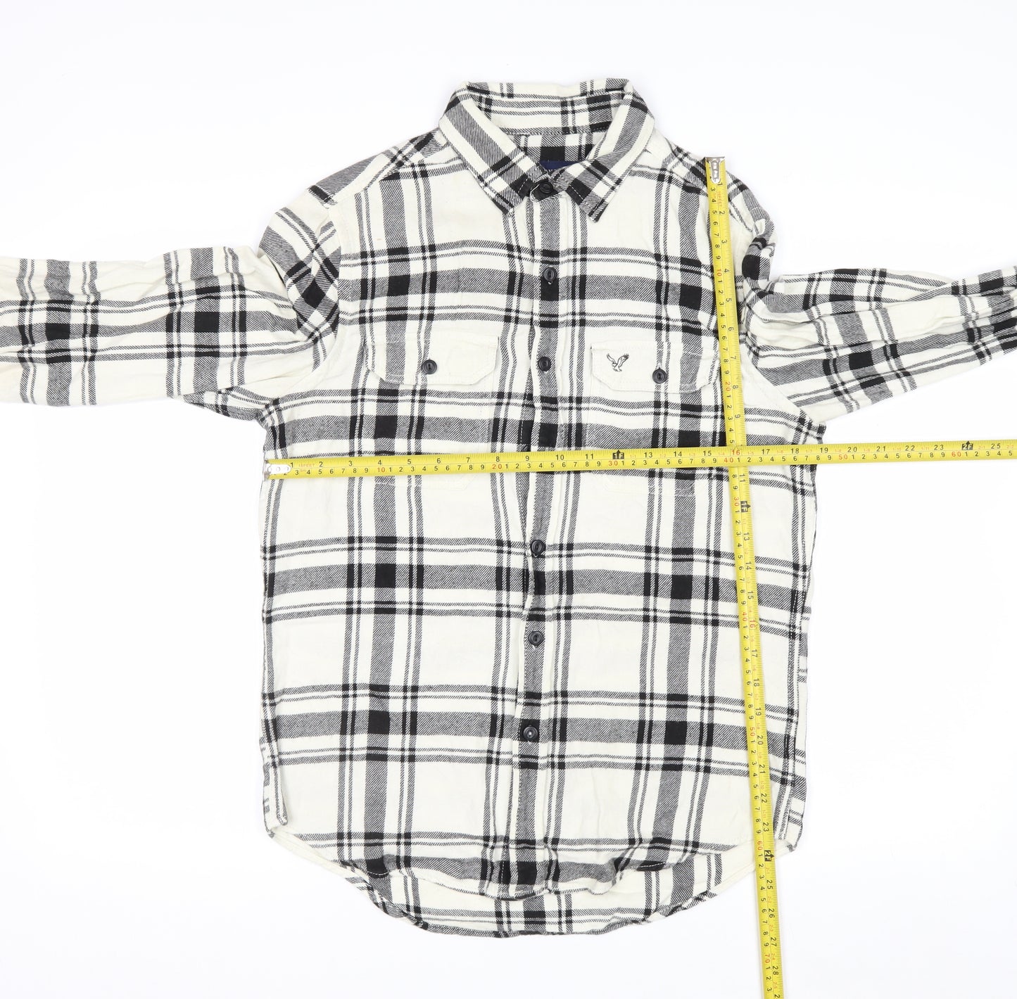 American Eagle Outfitters Men's White Check Flannel Button-Up Shirt Size S Athletic Fit
