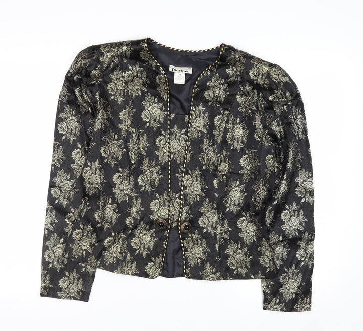 Patra Women Black Floral Brocade Long Sleeve Blazer Size 8