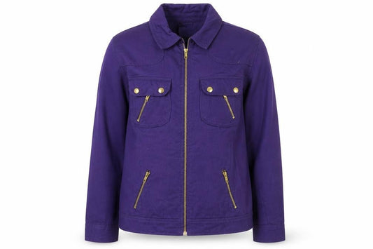 Front view of Keren Hart Women's Purple Cotton Zip-Up Jacket, size M