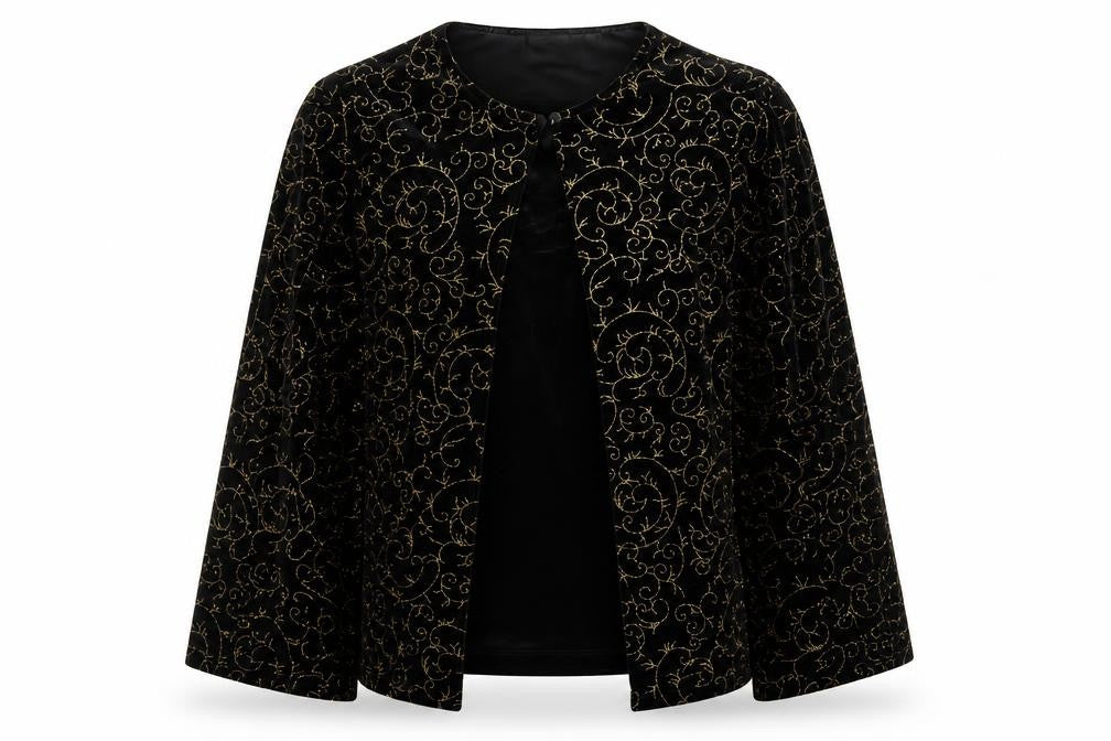 Front view of Notations women’s black velvet glitter embroidered kimono blouse l