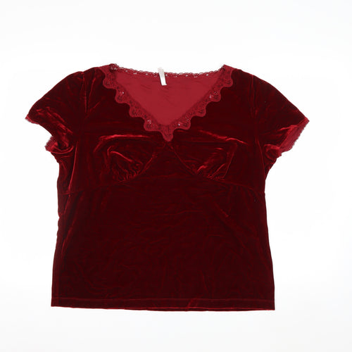 White Stag Women’s Red Velvet Lace V-Neck Short Sleeve Blouse XL
