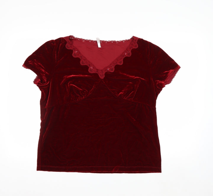 White Stag Women’s Red Velvet Lace V-Neck Short Sleeve Blouse XL