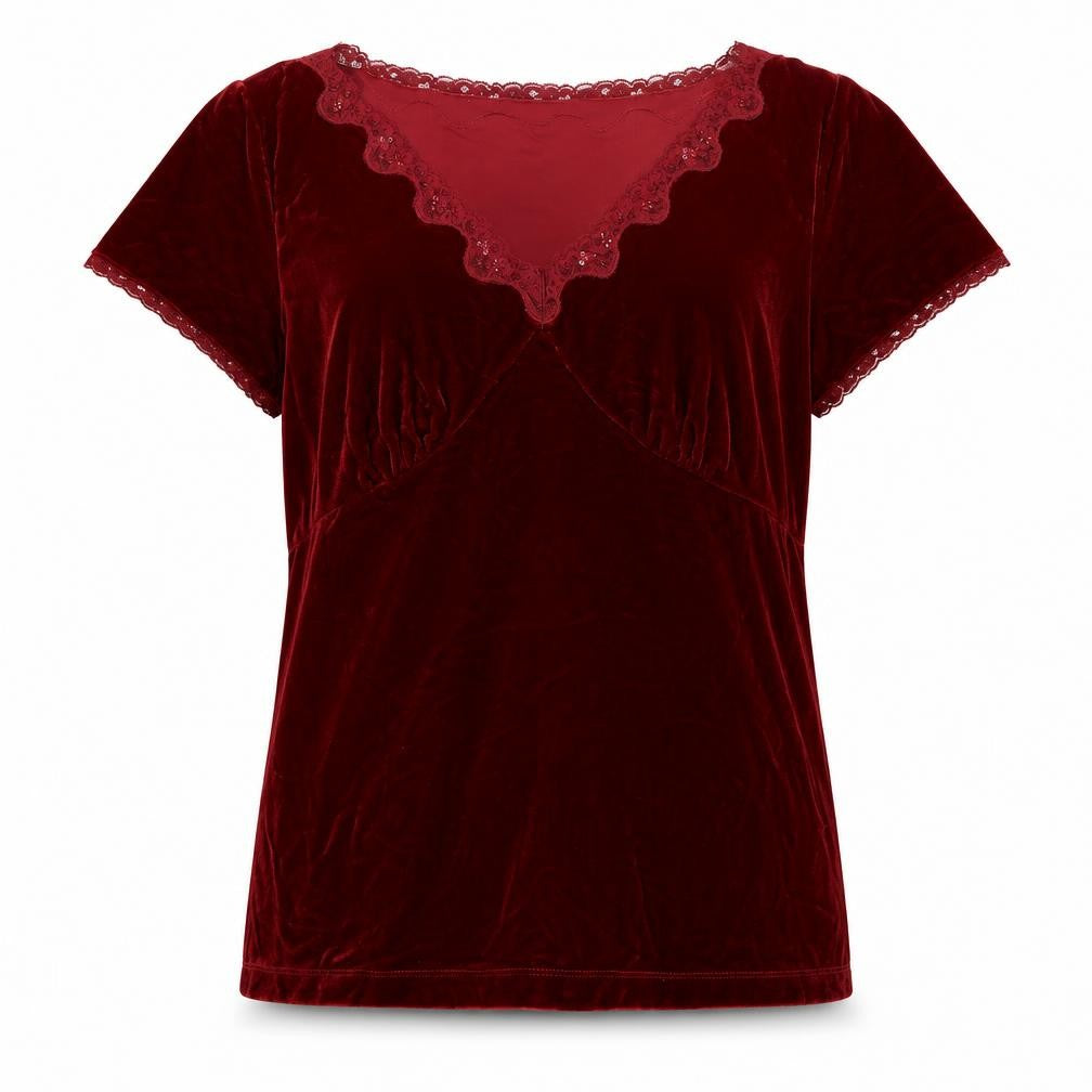 White Stag Women’s Red Velvet Lace V-Neck Short Sleeve Blouse XL
