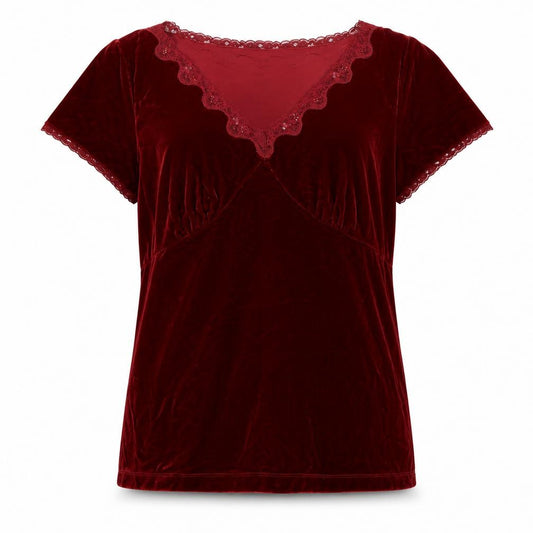 Front view of White Stag Women’s Red Velvet Lace V-Neck Short Sleeve Blouse XL