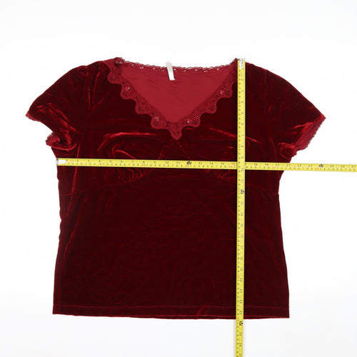 White Stag Women’s Red Velvet Lace V-Neck Short Sleeve Blouse XL