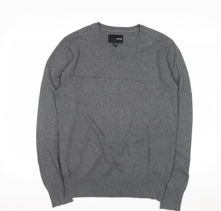 Hurley Men Grey V-Neck Cotton Pullover Jumper Medium