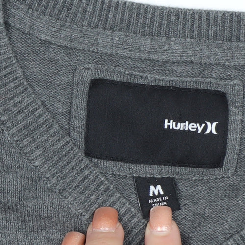 Hurley Men Grey V-Neck Cotton Pullover Jumper Medium
