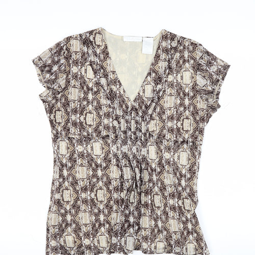 Worthington Women Brown Geometric V-Neck Short Sleeve Tunic Blouse Size L