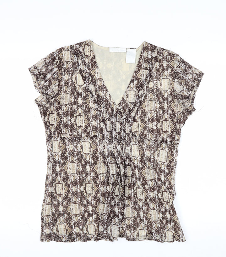 Worthington Women Brown Geometric V-Neck Short Sleeve Tunic Blouse Size L