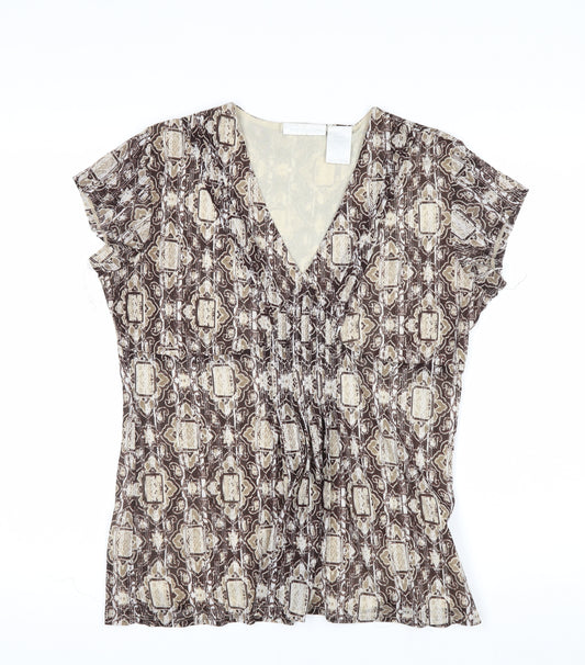 Worthington Women Brown Geometric V-Neck Short Sleeve Tunic Blouse Size L