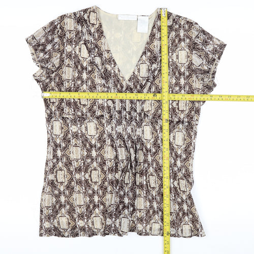 Worthington Women Brown Geometric V-Neck Short Sleeve Tunic Blouse Size L