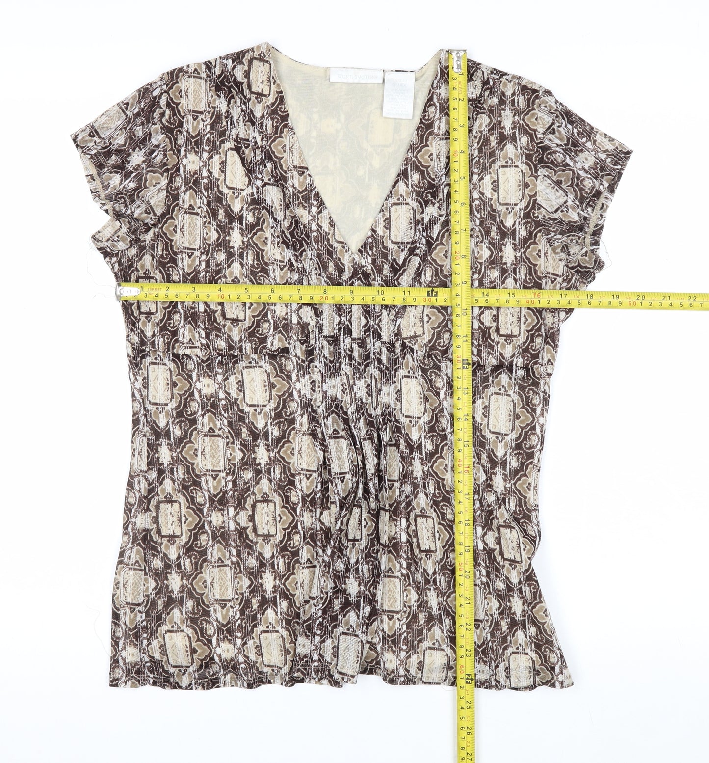 Worthington Women Brown Geometric V-Neck Short Sleeve Tunic Blouse Size L